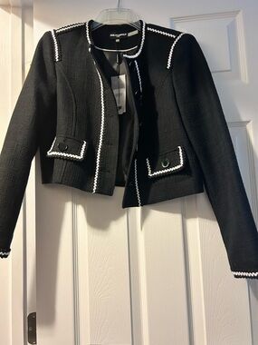 Karl Lagerfeld Black Cropped Bouclé Jacket with White Trim